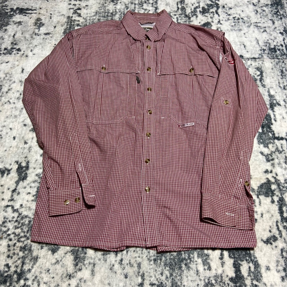 Drake Waterfowl Systems Mens Small Red Plaid Vented Fishing Shirt Long Sleeve
